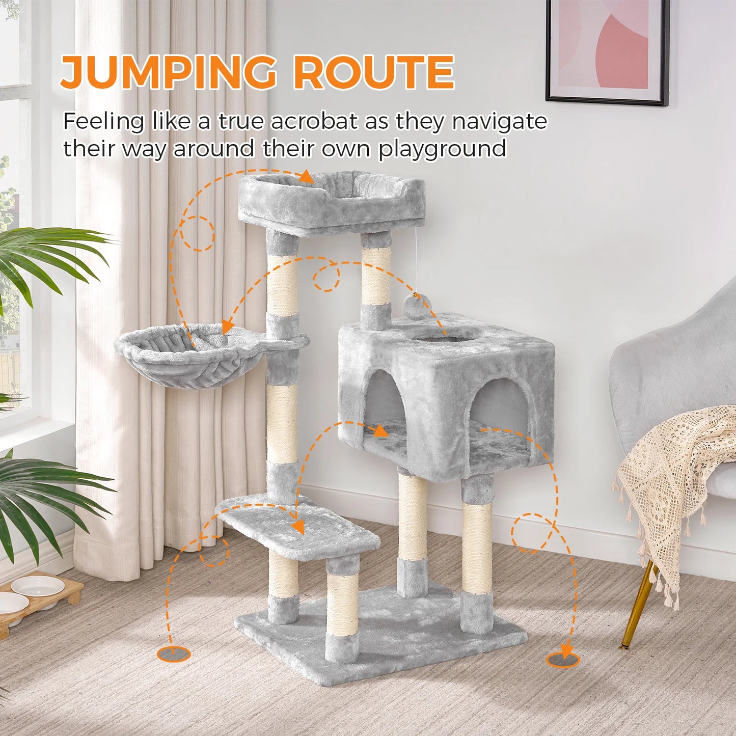 96cm Cat Tower - 6 Sisal Scratching Posts with Large Perch & Cozy Condo for Indoor/Large Cats