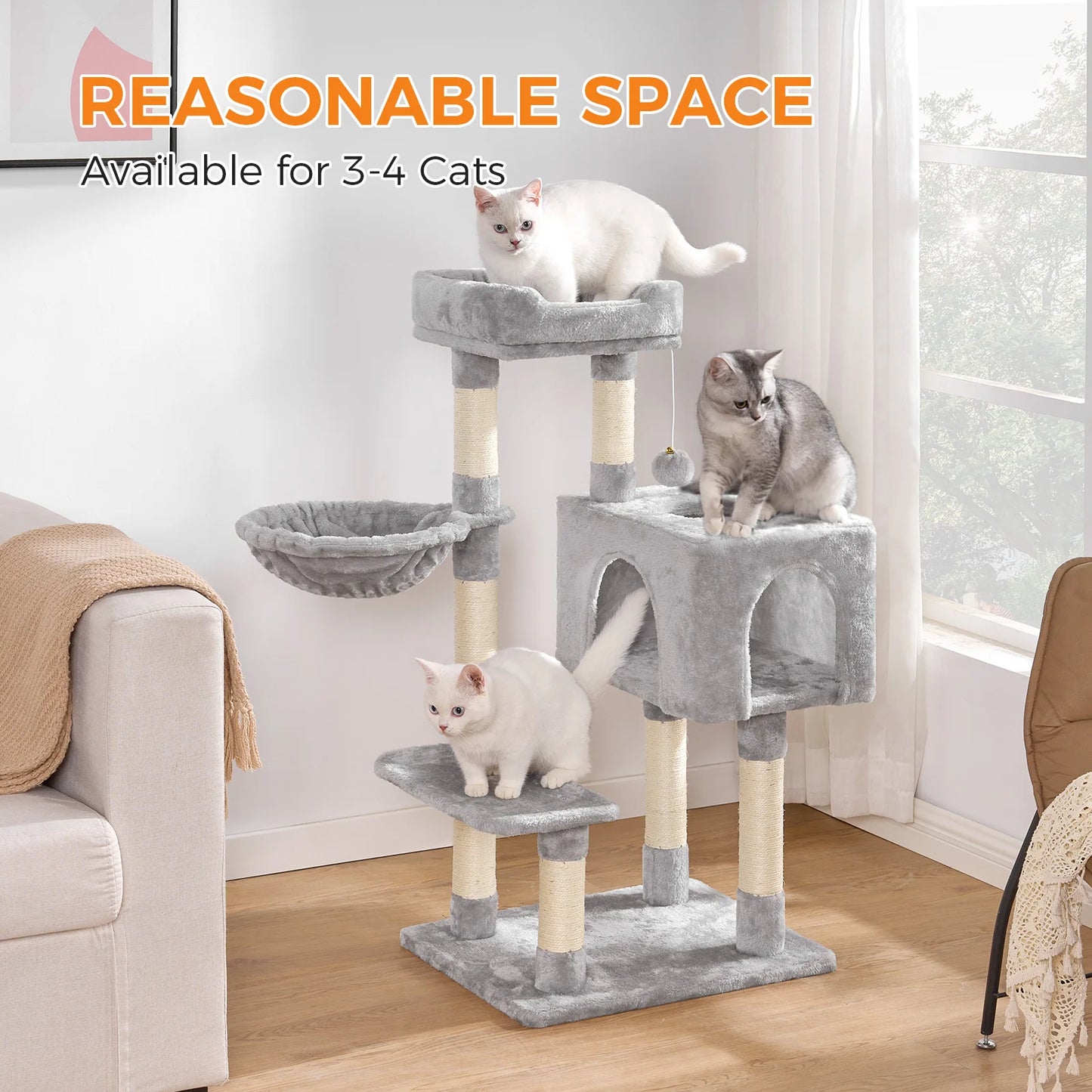 96cm Cat Tower - 6 Sisal Scratching Posts with Large Perch & Cozy Condo for Indoor/Large Cats