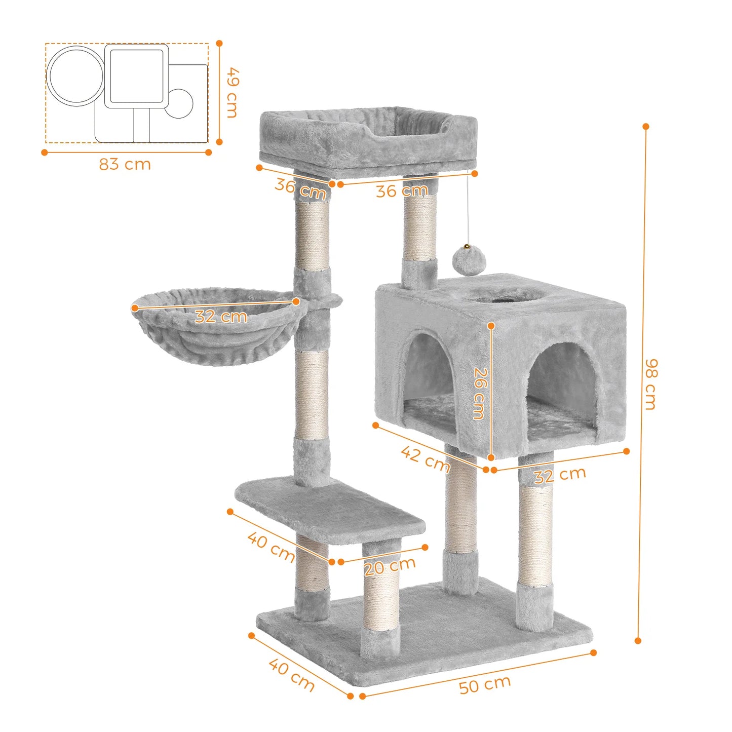 96cm Cat Tower - 6 Sisal Scratching Posts with Large Perch & Cozy Condo for Indoor/Large Cats